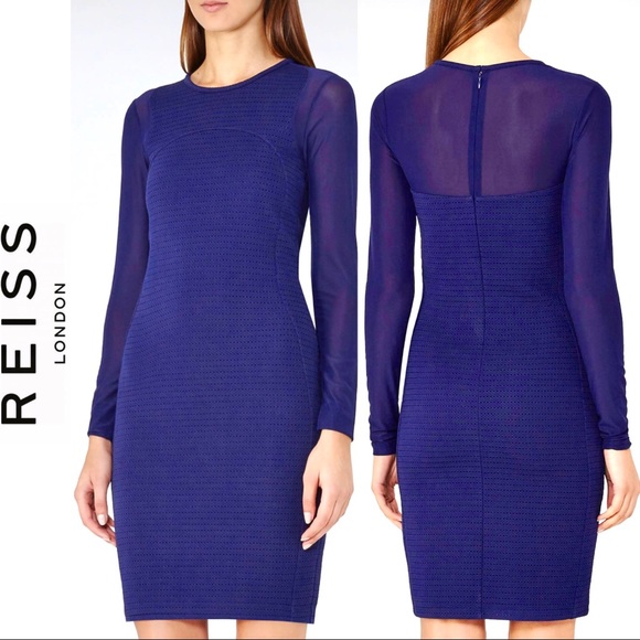 Reiss Rita Mesh Sleeves Bodycon Dress in Indigo - Picture 1 of 13